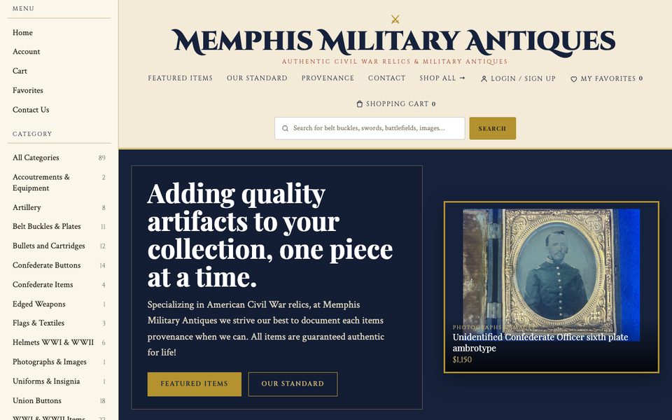 MemphisMilitaryAntiques.com home page